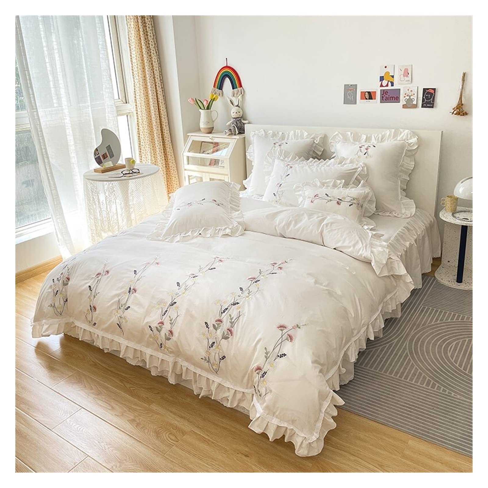 花柄刺繍 フリル付き クイーンカバーセット Amazon｜超ソフトコットン羽毛布団カバーセット、フリル付きシックな花